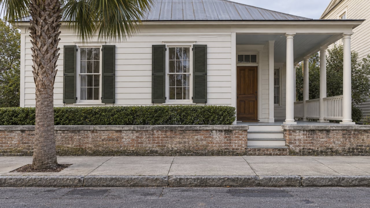 Oyster-white townhouse with olive shutters, a columned piazza, brick garden wall, and sidewalk palm.