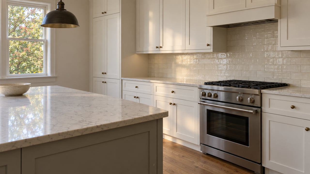 Light quartz kitchen island with a cream bowl, white shaker cabinets, brass knobs and warm oak flooring in soft window light.