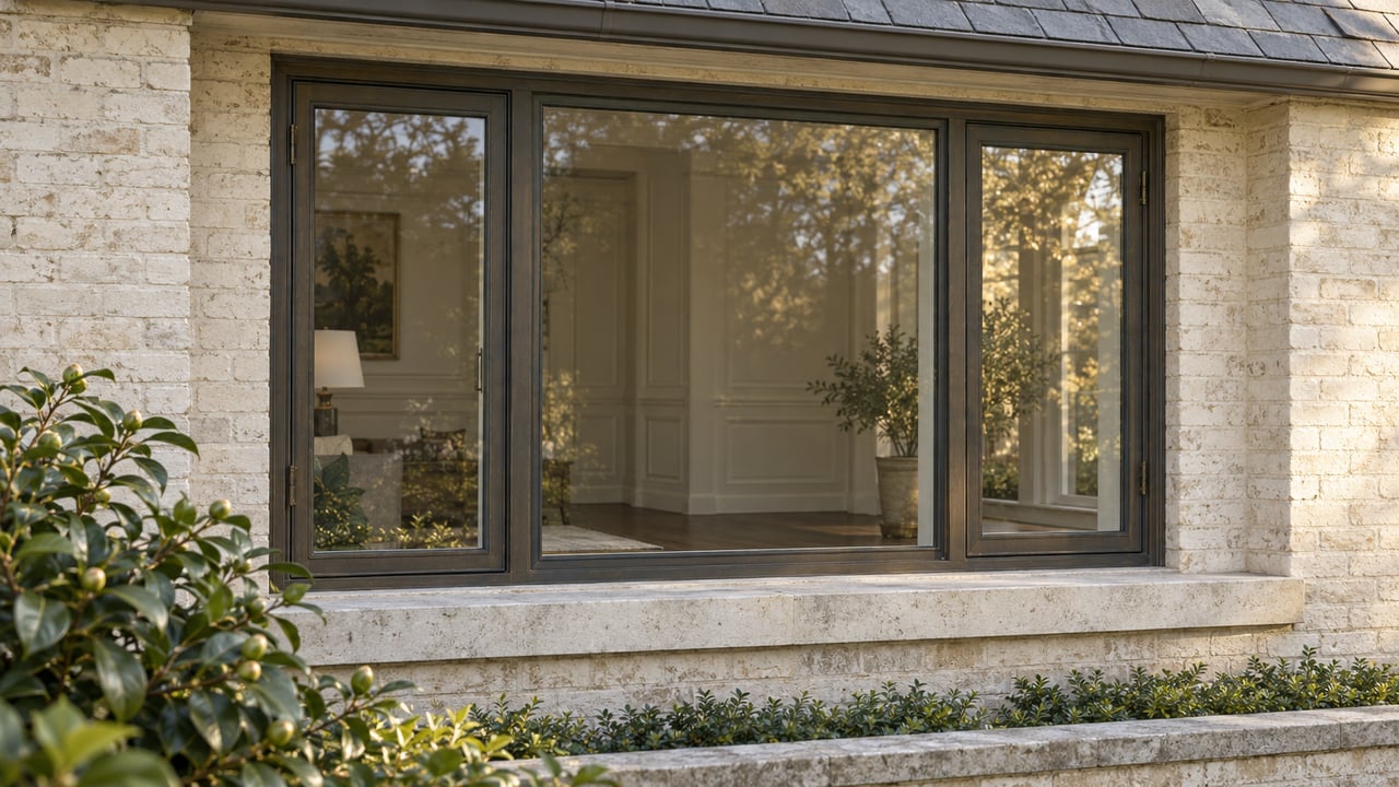 Recessed three-part window in ivory brick above a limestone sill, with camellia leaves at lower left.