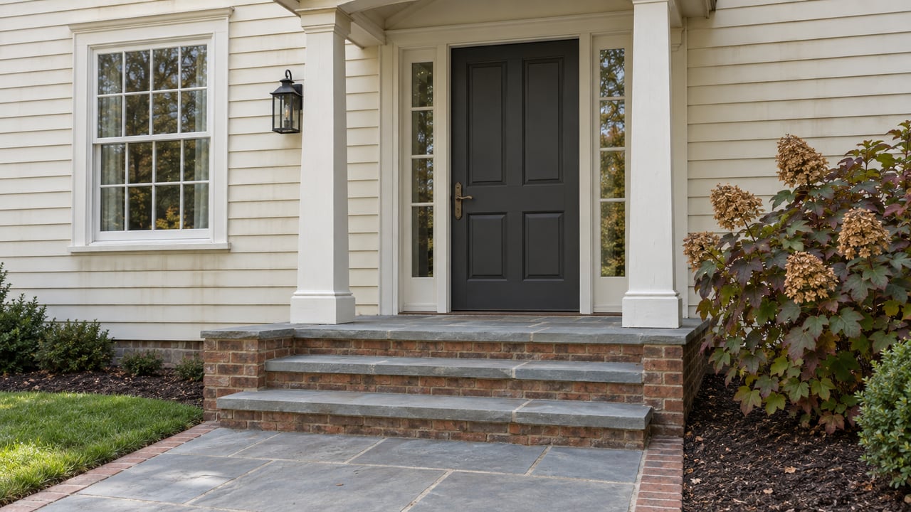 Ivory clapboard home entry with a charcoal door, paired sidelights, bluestone steps and autumn oakleaf hydrangea.
