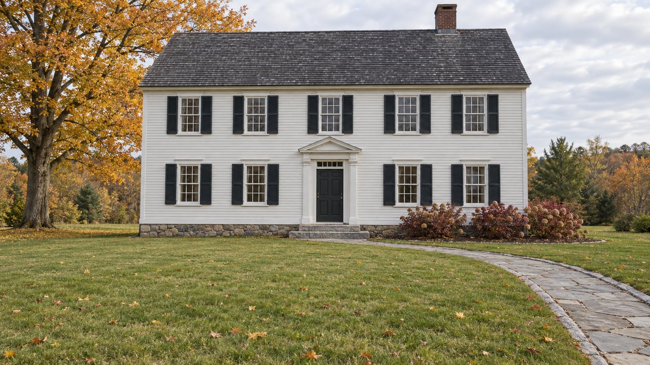 An ivory clapboard house with dark shutters, a fieldstone foundation and granite entry steps beyond a broad autumn lawn and an amber sugar maple.
