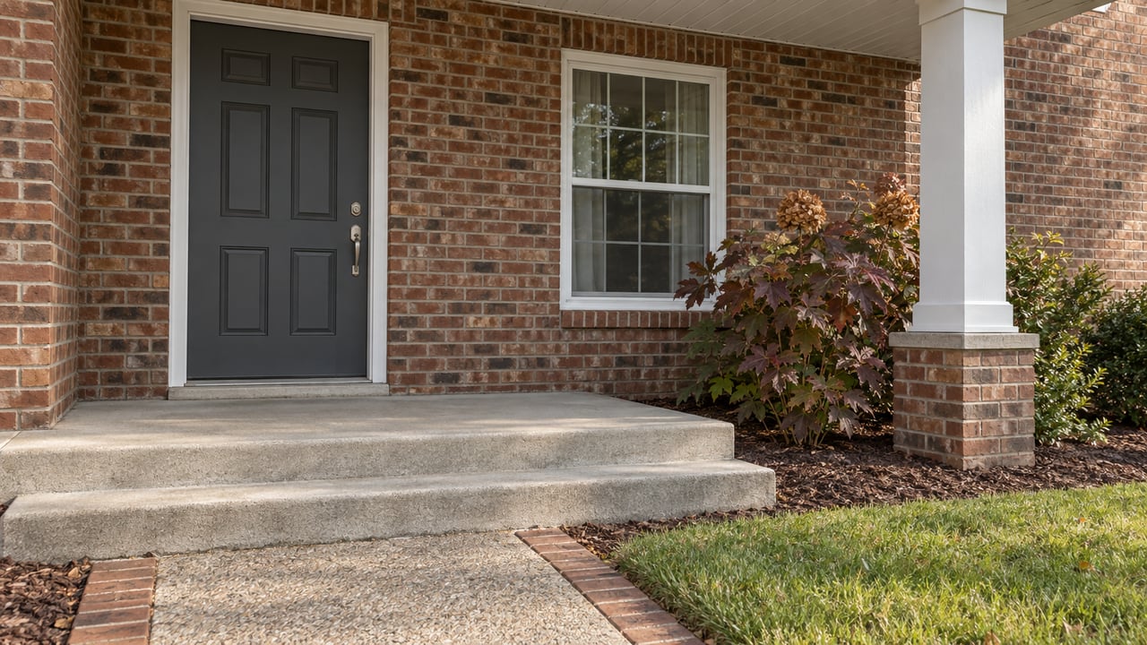 Red-brown brick home entrance with a charcoal door, white porch trim and oakleaf hydrangea in autumn light.