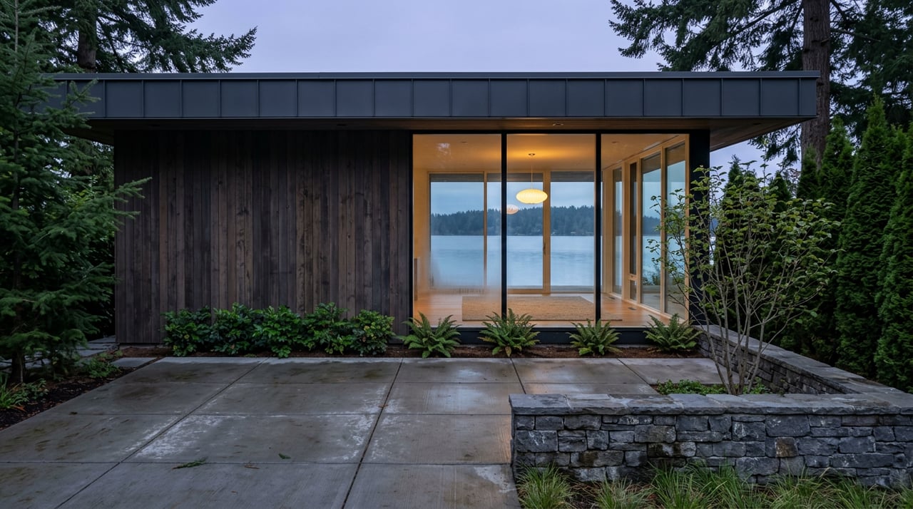 Lakefront terrace with board-formed concrete pavers, a glass-walled home glowing warmly, and a hazy lake beyond.
