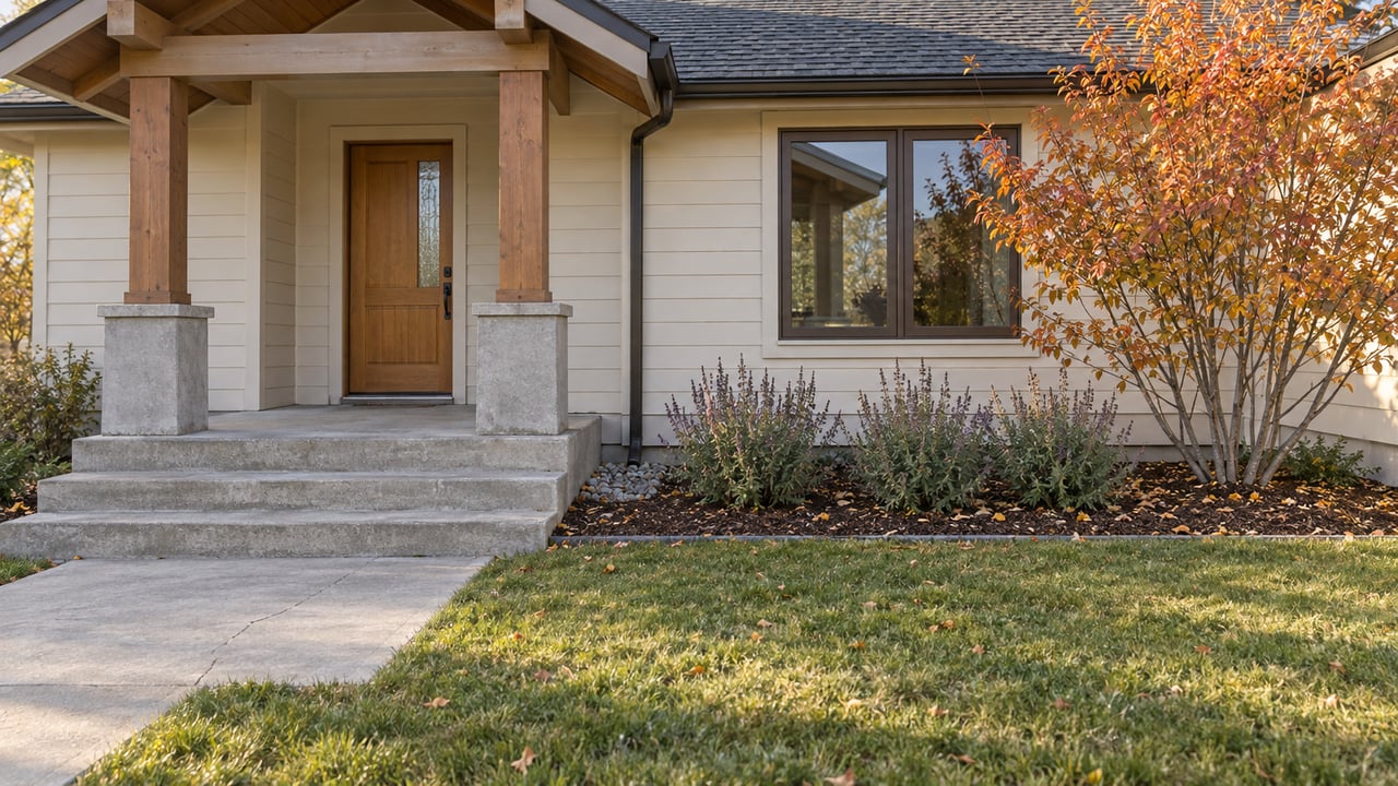 Autumn morning light across an ivory-sided home's covered porch, concrete steps, olive-green lawn, and copper-leaved serviceberry.