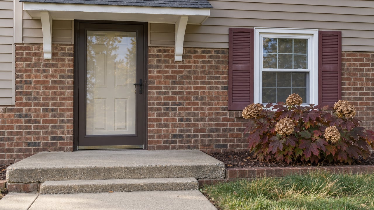 Close view of a brick and taupe-sided home entry with a brown storm door, concrete stoop and autumn oakleaf hydrangea.