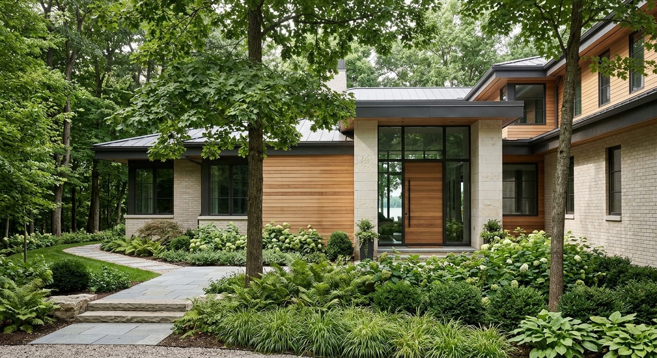 Modern brick home with a cedar-clad recessed entry, limestone walkway, deep lawn, and mature trees.