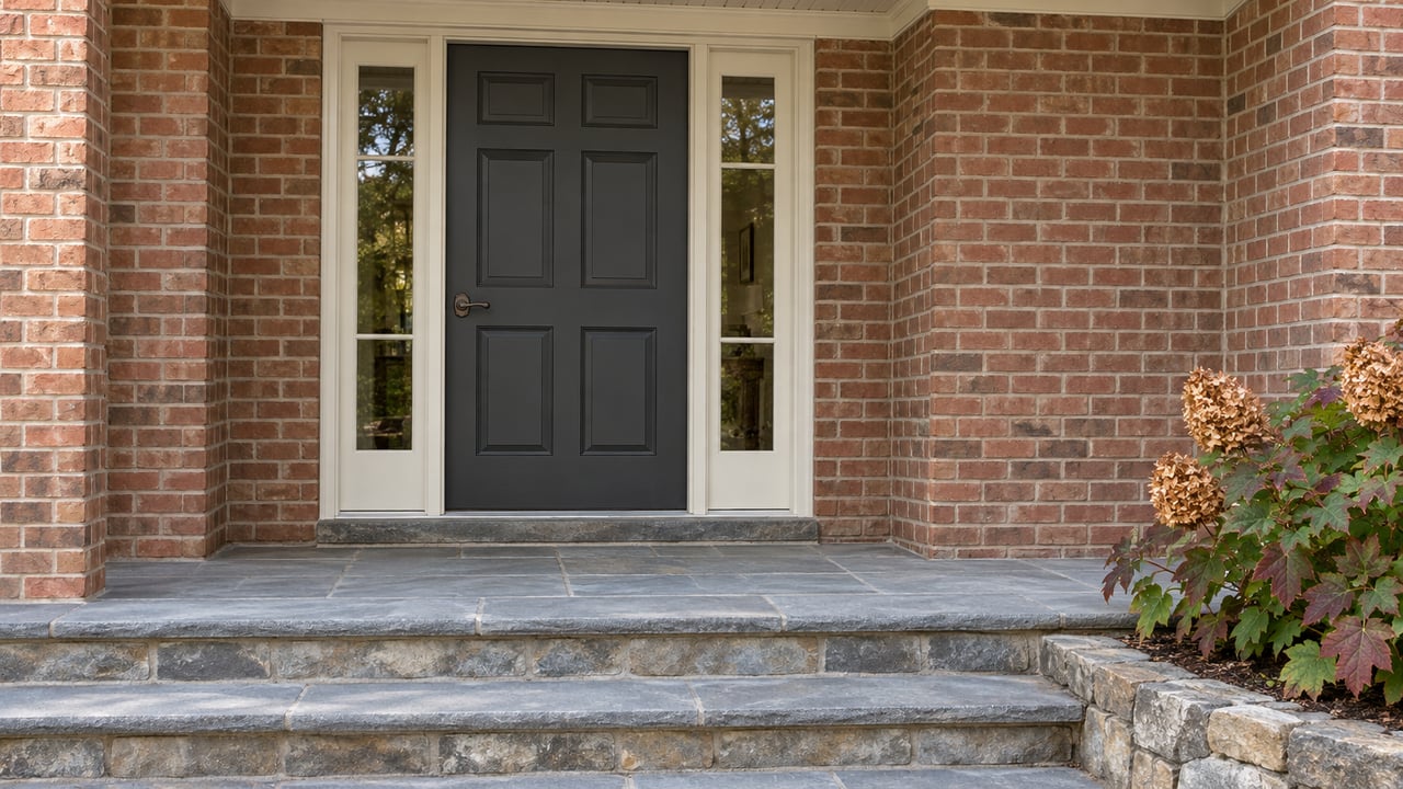 Covered brick home entry with a charcoal door, matching glass sidelights, bluestone steps, and autumn oakleaf hydrangea.