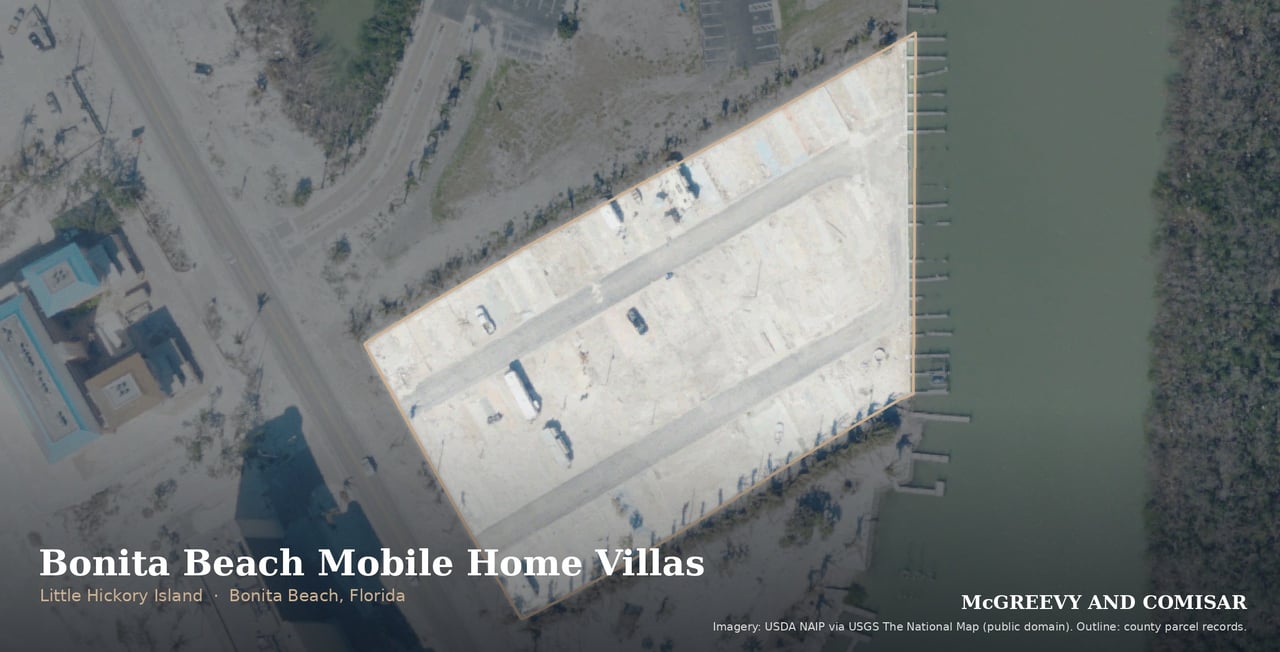 Bonita Beach Mobile Home Villas plat on Hickory Boulevard, Little Hickory Island, Bonita Beach, Florida, aerial outlined from county parcel records