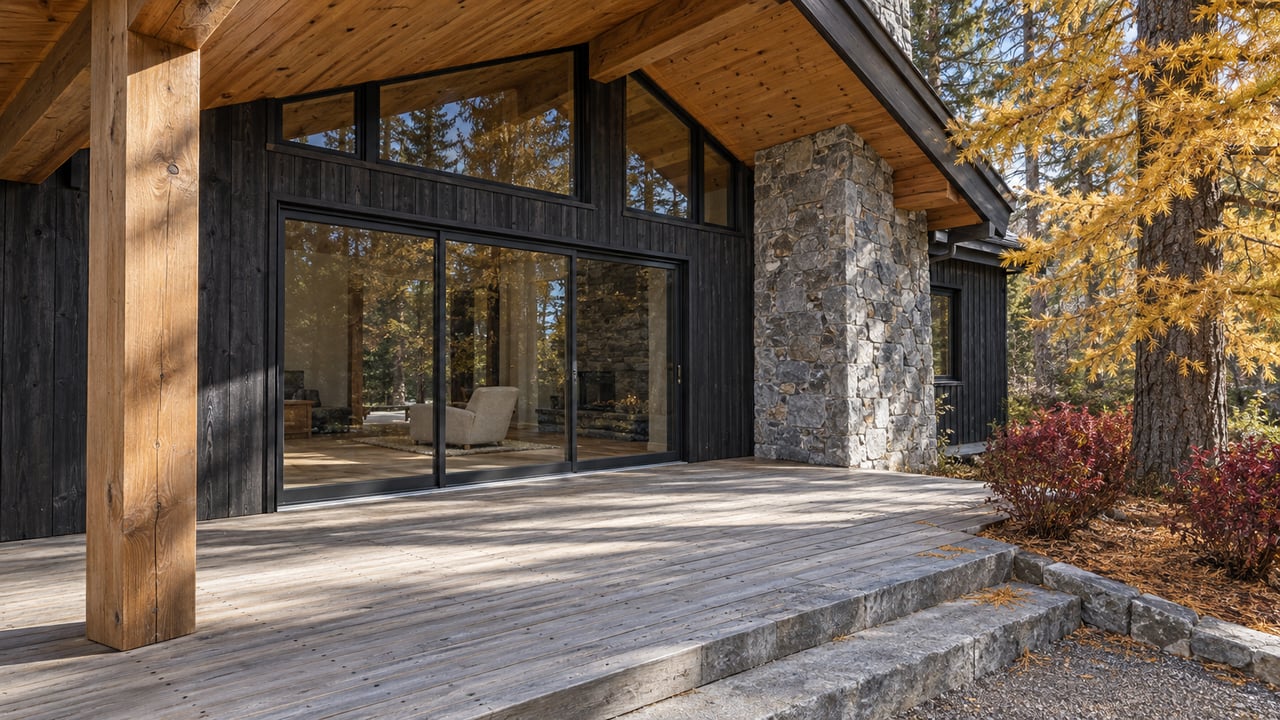Autumn sunlight crosses a weathered cedar deck beside dark wood siding, a stone chimney, and closed glass doors, with golden larch branches at the edge.