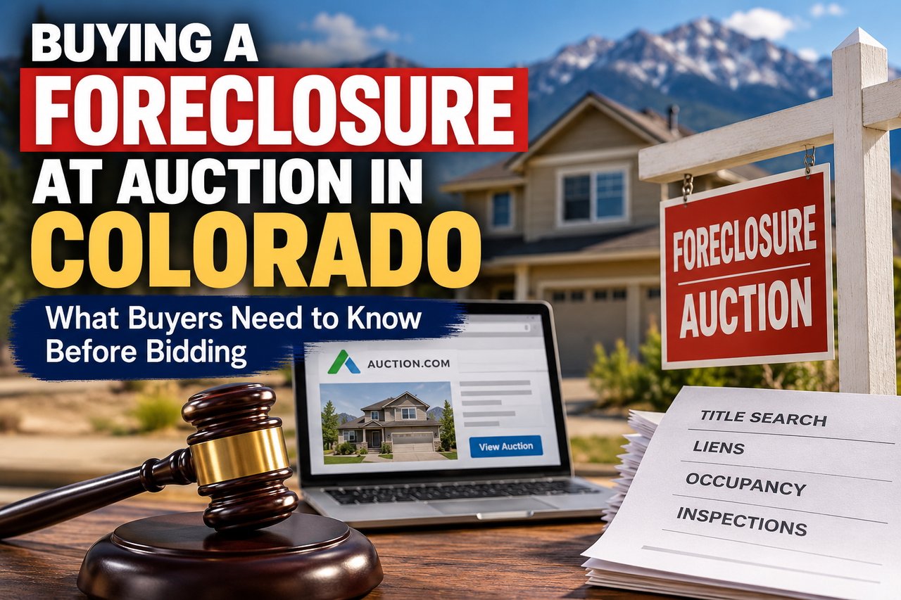 Buying a Colorado foreclosure at auction: a house, auction sign, laptop, gavel, and title-search checklist.