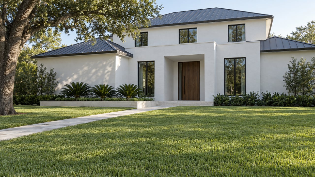 White two-story house with charcoal roof, walnut entry, flanking windows, limestone walk, lawn, and raised planting bed.
