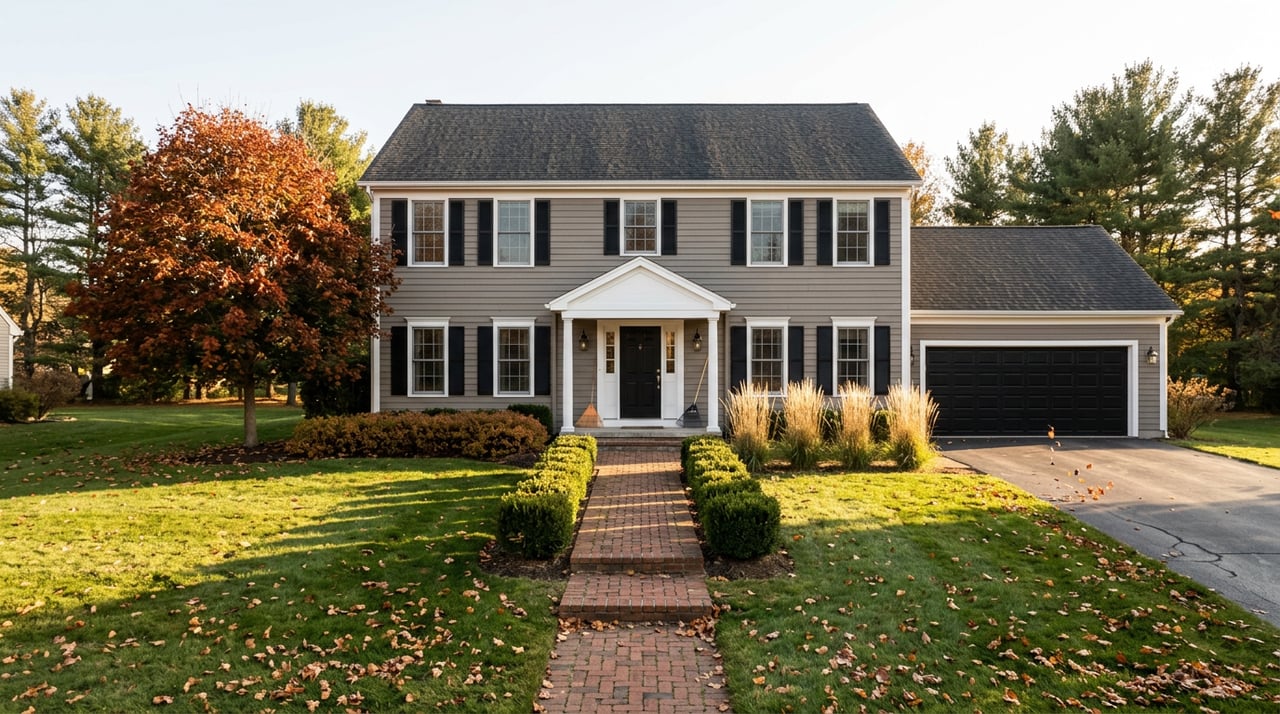 Two-story gray Colonial home with white trim, a red-orange maple, scattered autumn leaves, and a broad lawn.