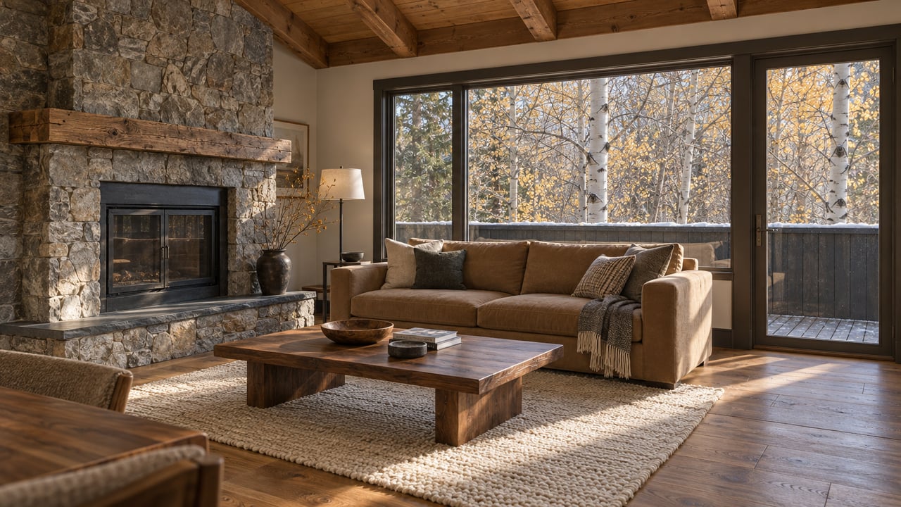 Timber-ceiling living room with a stone fireplace, camel sofa and closed balcony glazing overlooking nearly bare aspens.