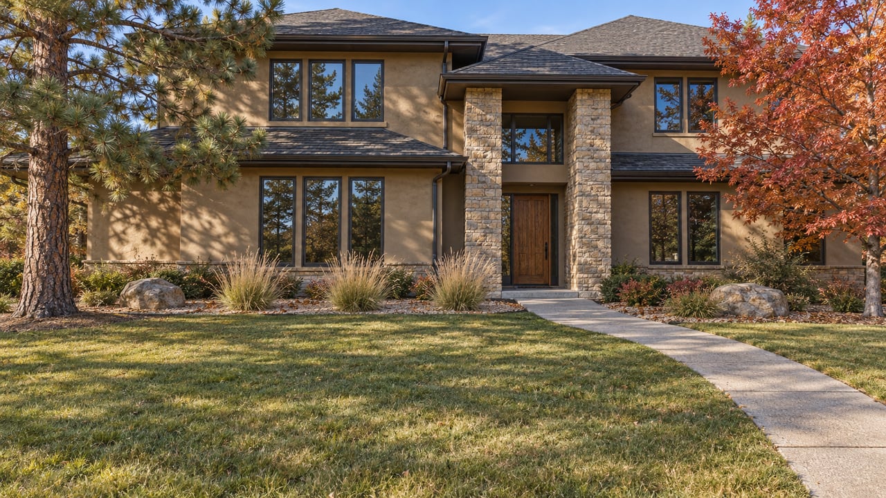 Stone-and-stucco suburban home beyond a deep autumn lawn, with a curved concrete entry walk, a mature pine and copper-red maple.