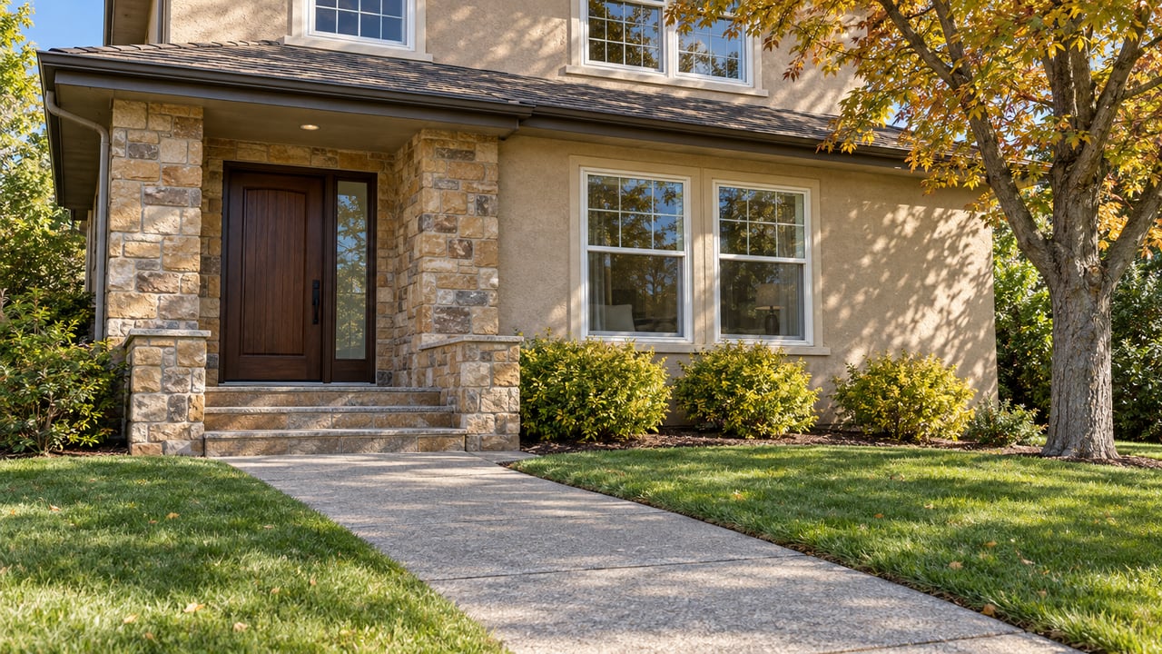 Sunlit stucco and sandstone home with a recessed wood entry door, broad walkway, lawn and autumn maple.