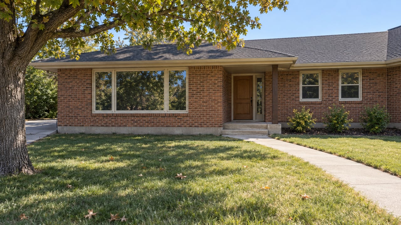 A brick ranch home behind a deep autumn lawn, with a mature oak, recessed wood entry and an aging concrete walkway.