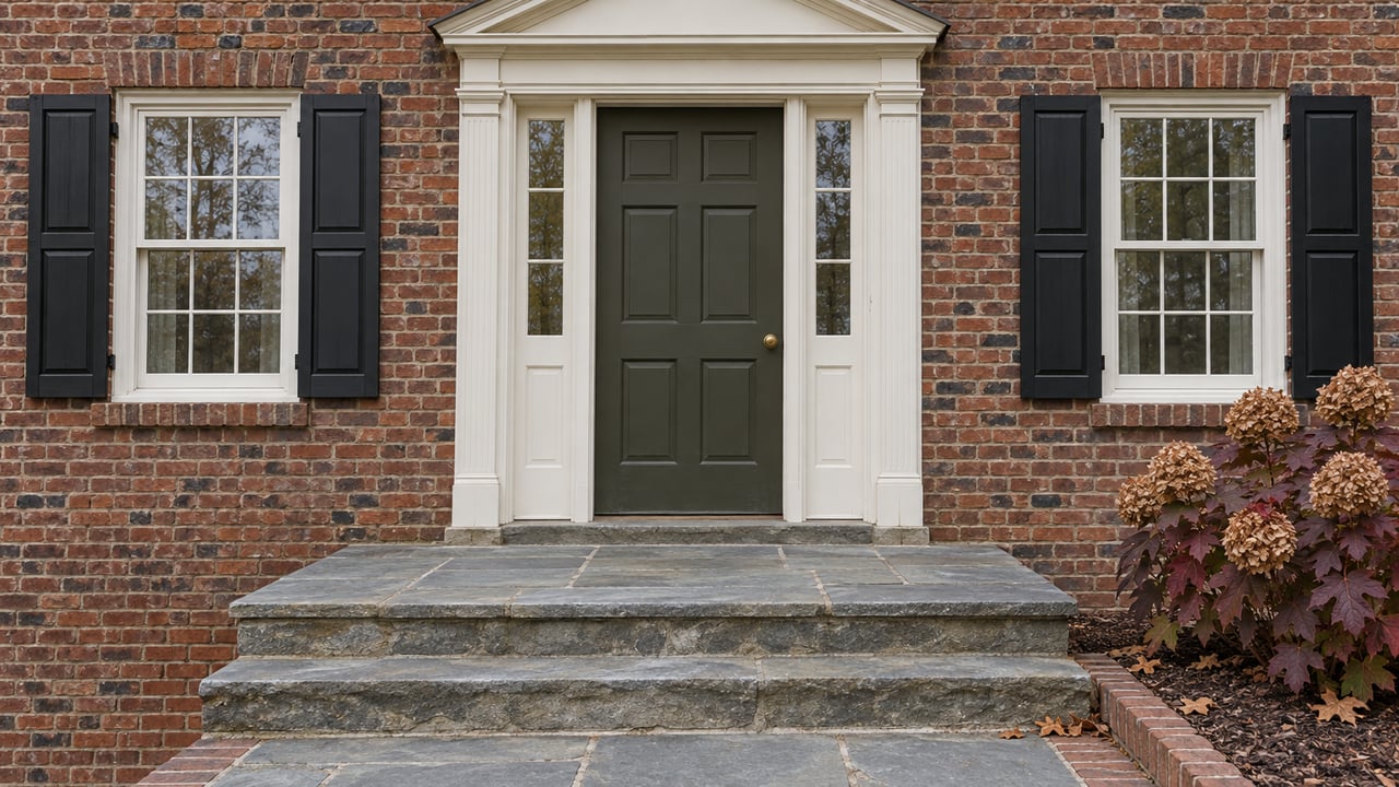 Brick home entrance with an olive door, paired sidelights, white-trimmed windows, weathered stone steps, and burgundy oakleaf hydrangea.