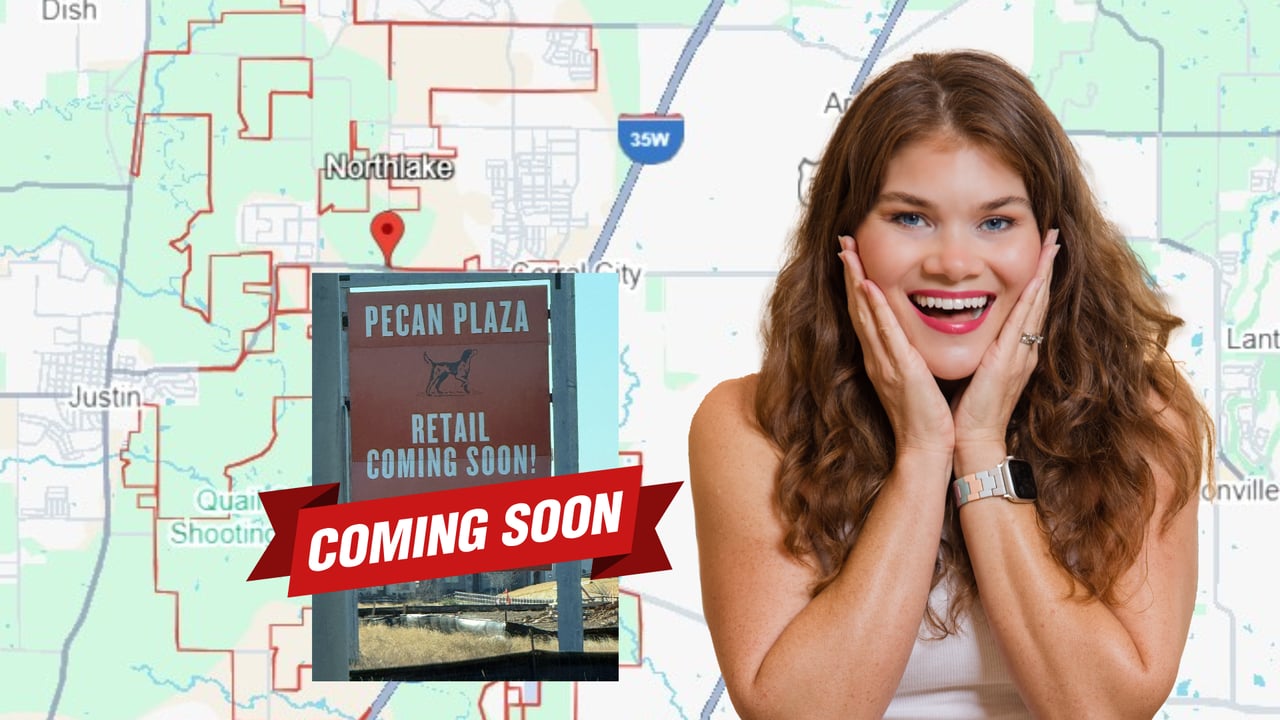 Pecan Plaza commercial development near Pecan Square featuring CVS Pharmacy and Little Caesars opening 2026 at FM 407 and Cleveland-Gibbs Northlake