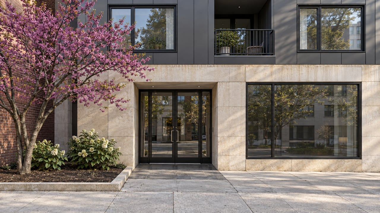 Urban residential entrance with limestone facade, glass double doors, brick wall, and a redbud tree in a raised planting bed.