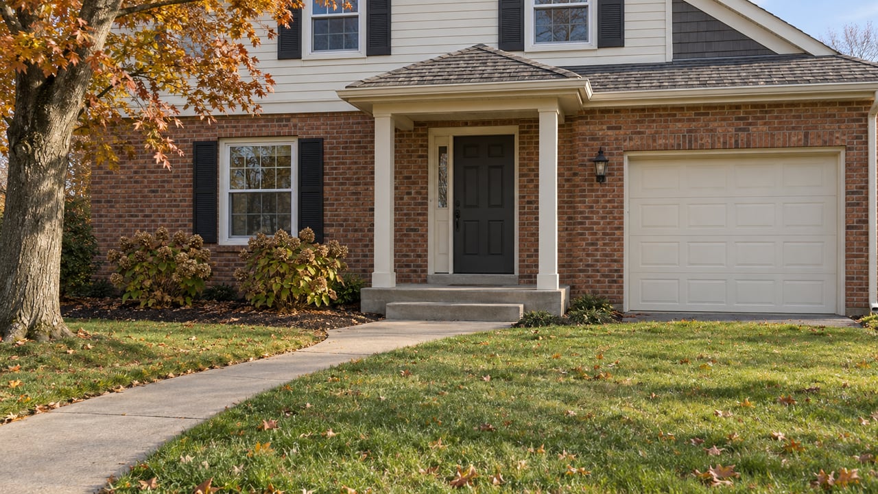 Autumn sunlight on a brick-and-cream-sided home with a concrete front walk, broad lawn, copper maple leaves and a covered entry.