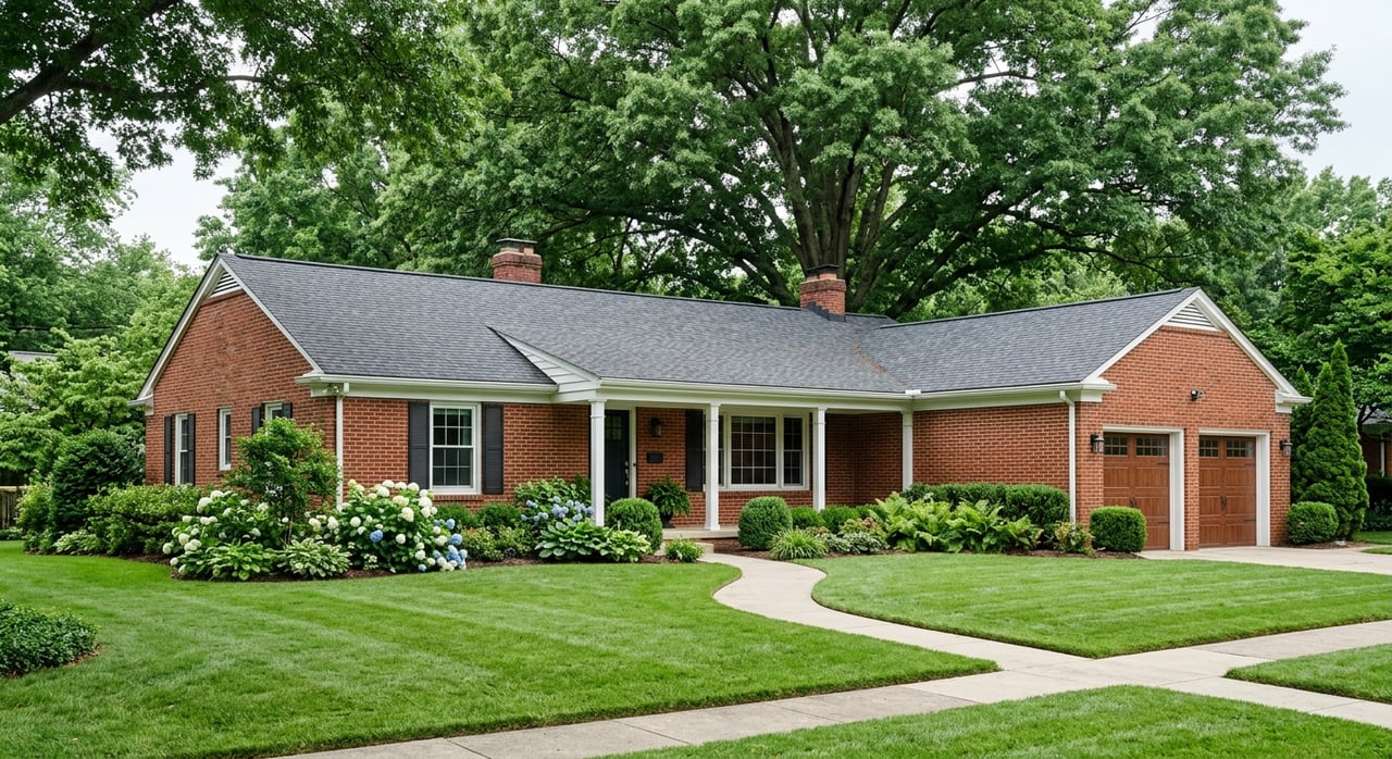 Wide red-brick ranch with an attached garage, clipped shrubs, and a concrete walk across a broad lawn.