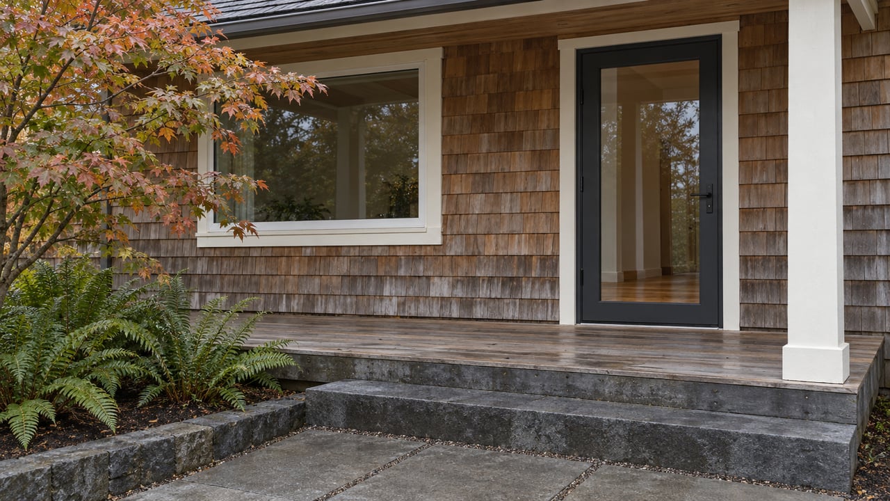 Weathered cedar-shingle home entry with a closed glass door, basalt steps, a vine maple and sword ferns in soft morning light.