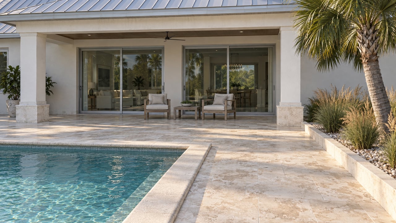 White stucco home with a covered limestone terrace, weathered teak seating, blue-green pool and a sculptural palm.