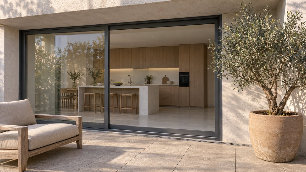 Sunlit condominium terrace with textured pale paving, a teak chair and a potted olive tree beside closed glass doors revealing an oak and white kitchen.