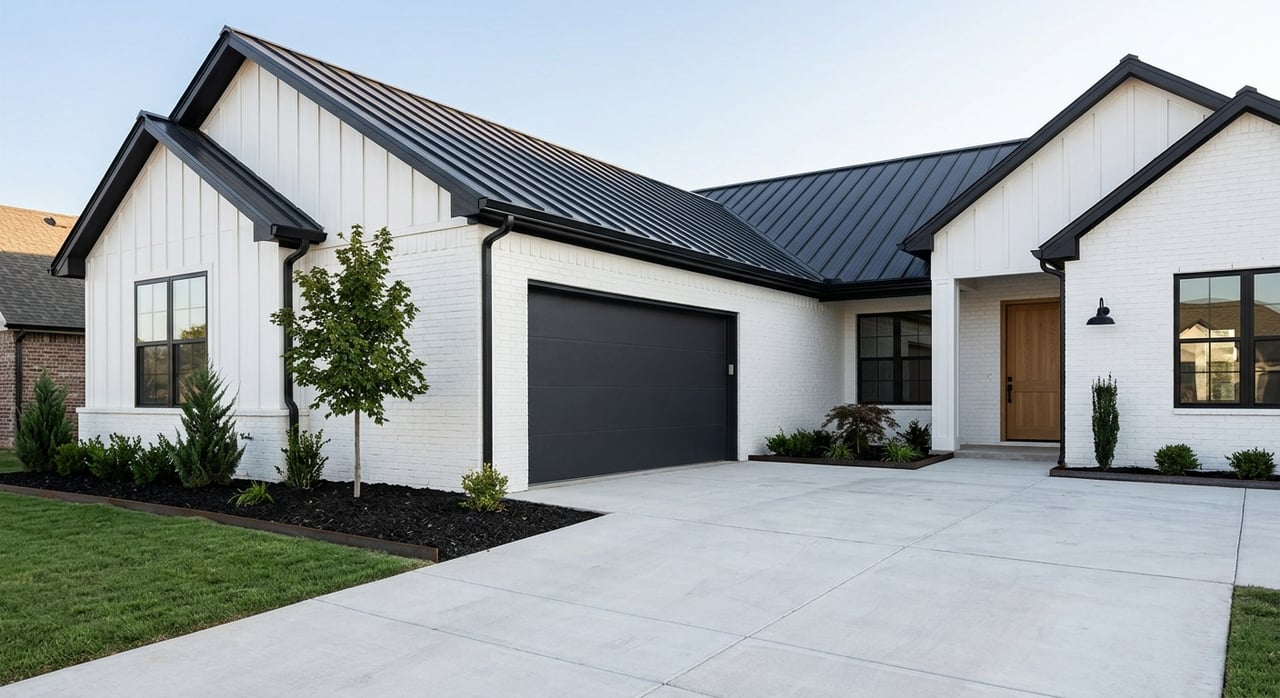 White brick modern farmhouse with black-trim garage, deep concrete driveway, and clipped shrubs.