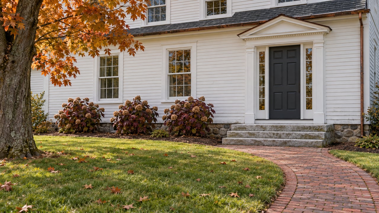 White clapboard home with a charcoal front door, granite entry steps and brick walk across an autumn lawn.