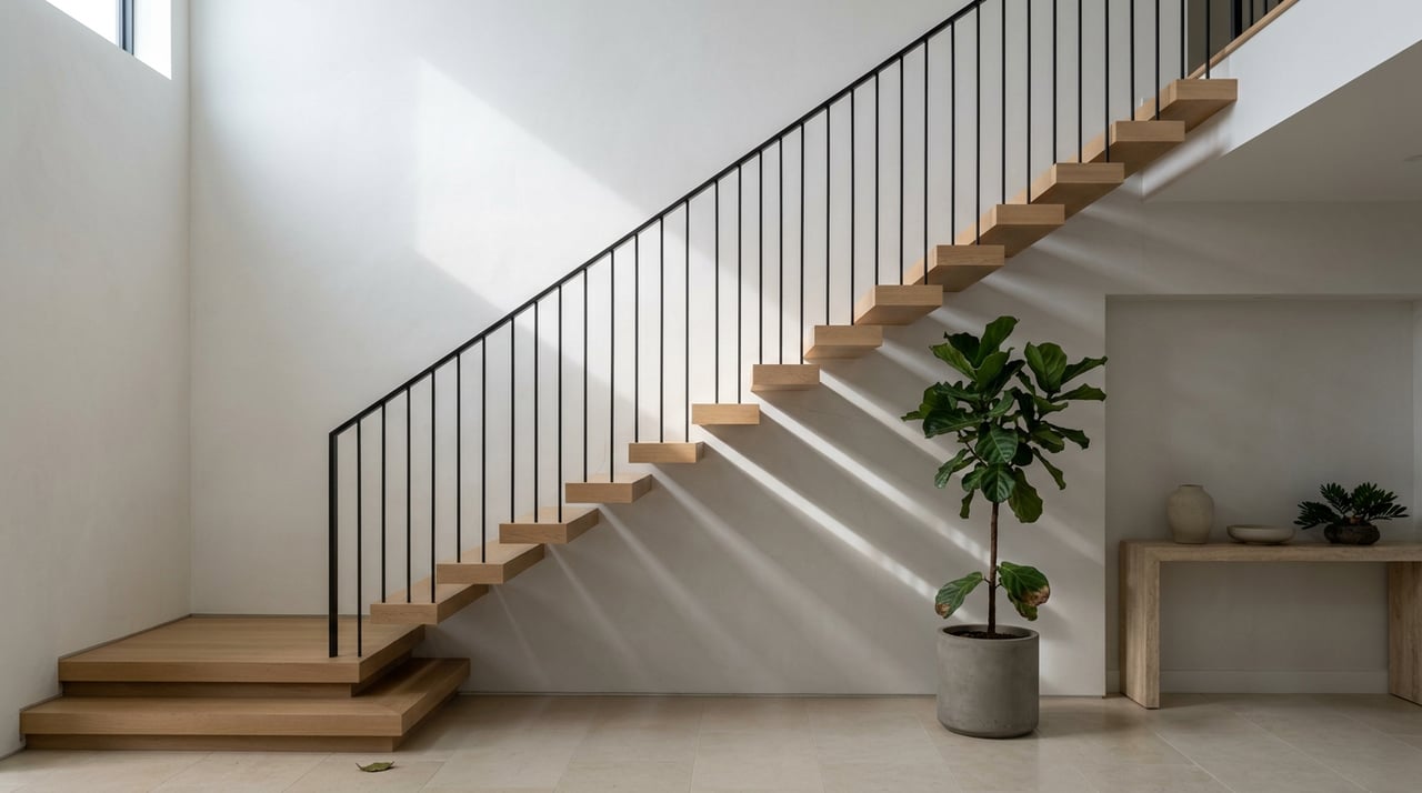 Floating white oak staircase with a black steel rail, raking sunlight, and a tall plaster wall.