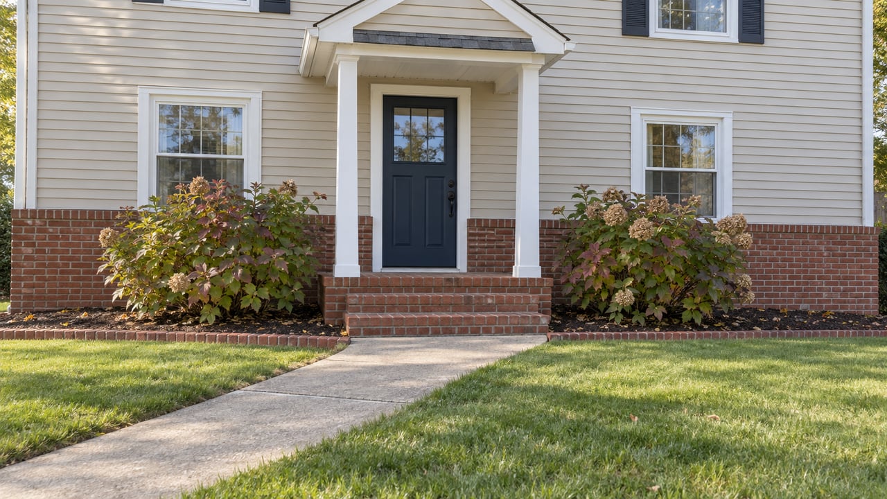 Brick steps and a small white portico at a beige-sided home, framed by oakleaf hydrangeas and a broad green lawn.