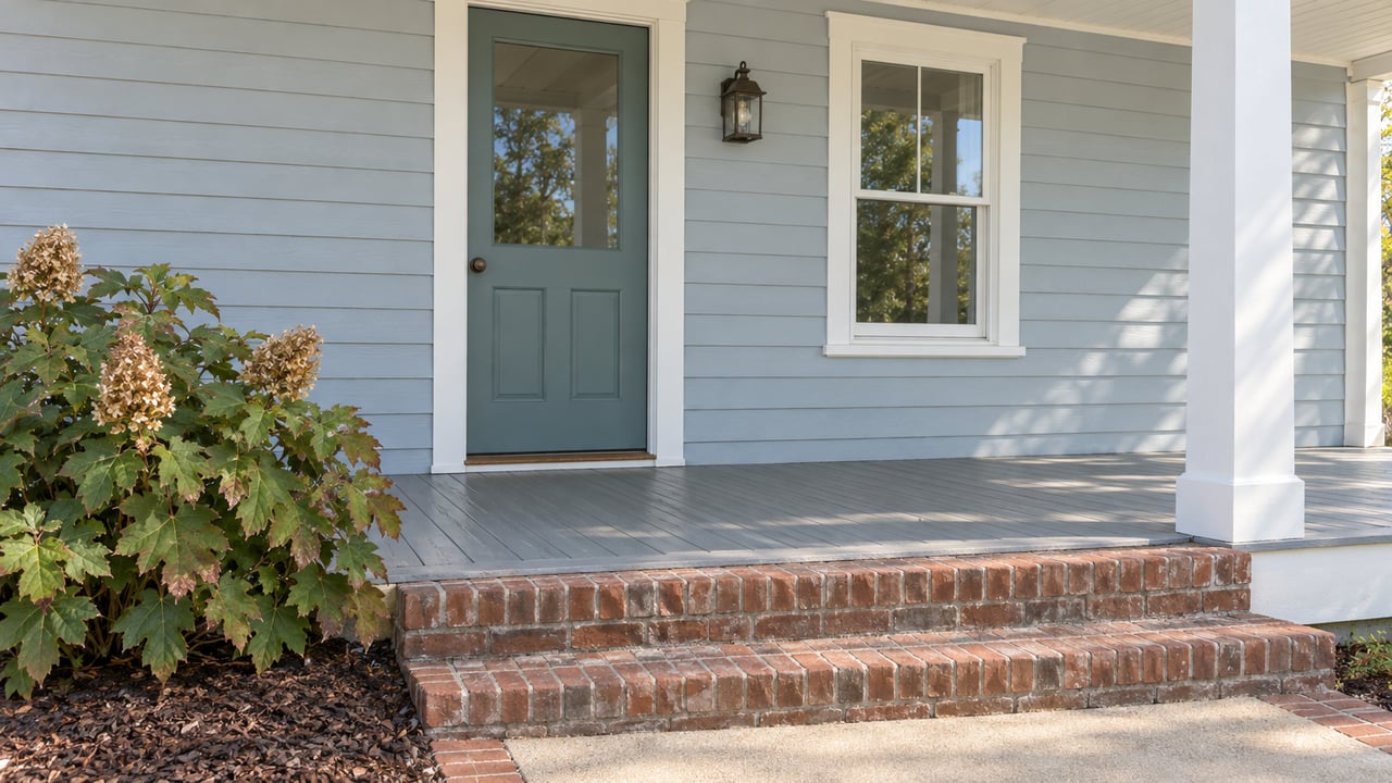 Soft blue-gray clapboard home with a teal front door, covered timber porch, brick steps and an oakleaf hydrangea beside a swept concrete walk.