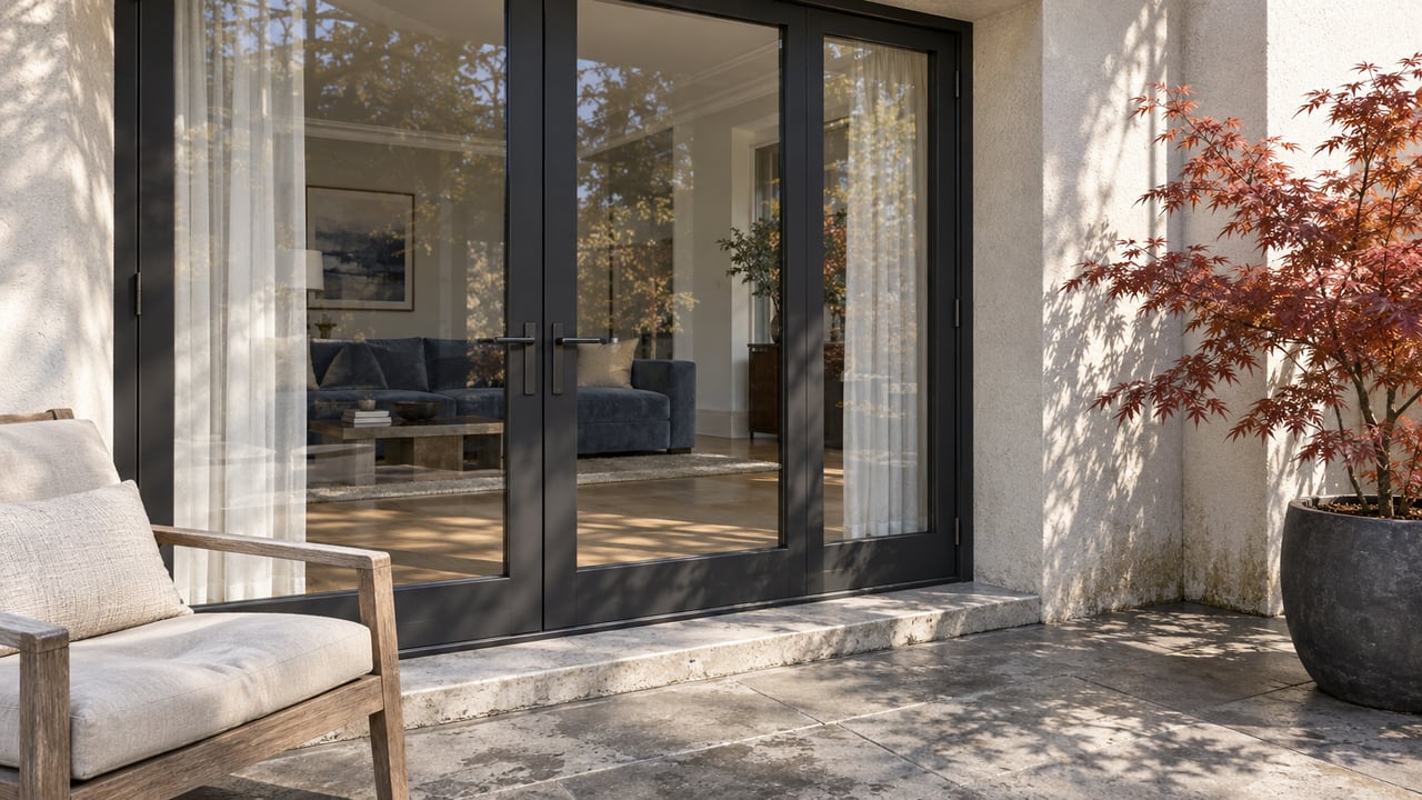 Sunlit limestone apartment terrace with a weathered teak lounge chair, red Japanese maple and closed glazed doors opening visually onto a pale-oak living room.
