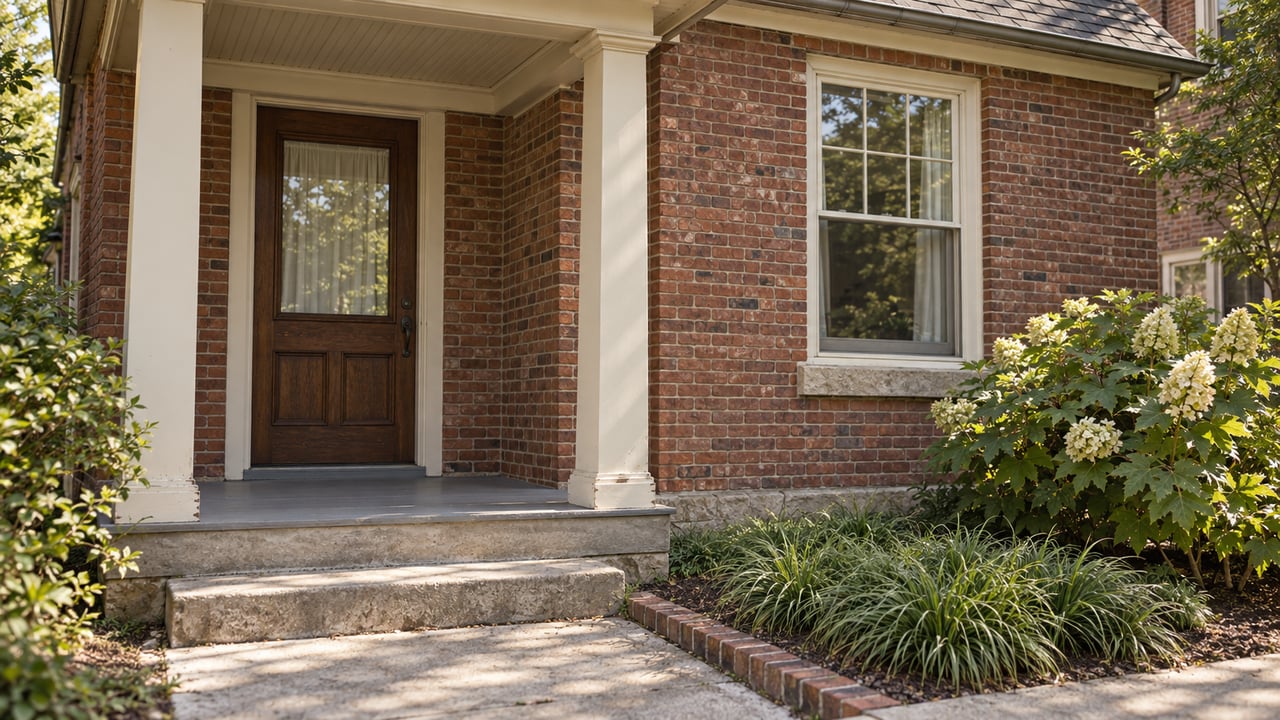 Older brick house with a dark wood-and-glass front door, double-hung window, and small hydrangea planting.
