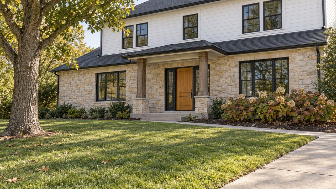 Stone and white-sided two-story home behind a deep autumn lawn, with black windows, oak porch posts and a mature oak tree.