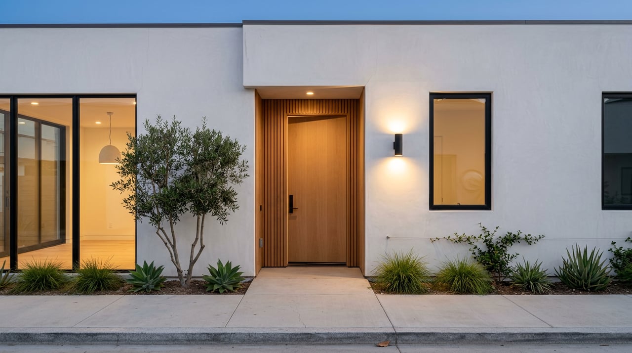 Two-story coastal townhome with warm-lit windows, a cedar-slat entry, and a glowing wall sconce.