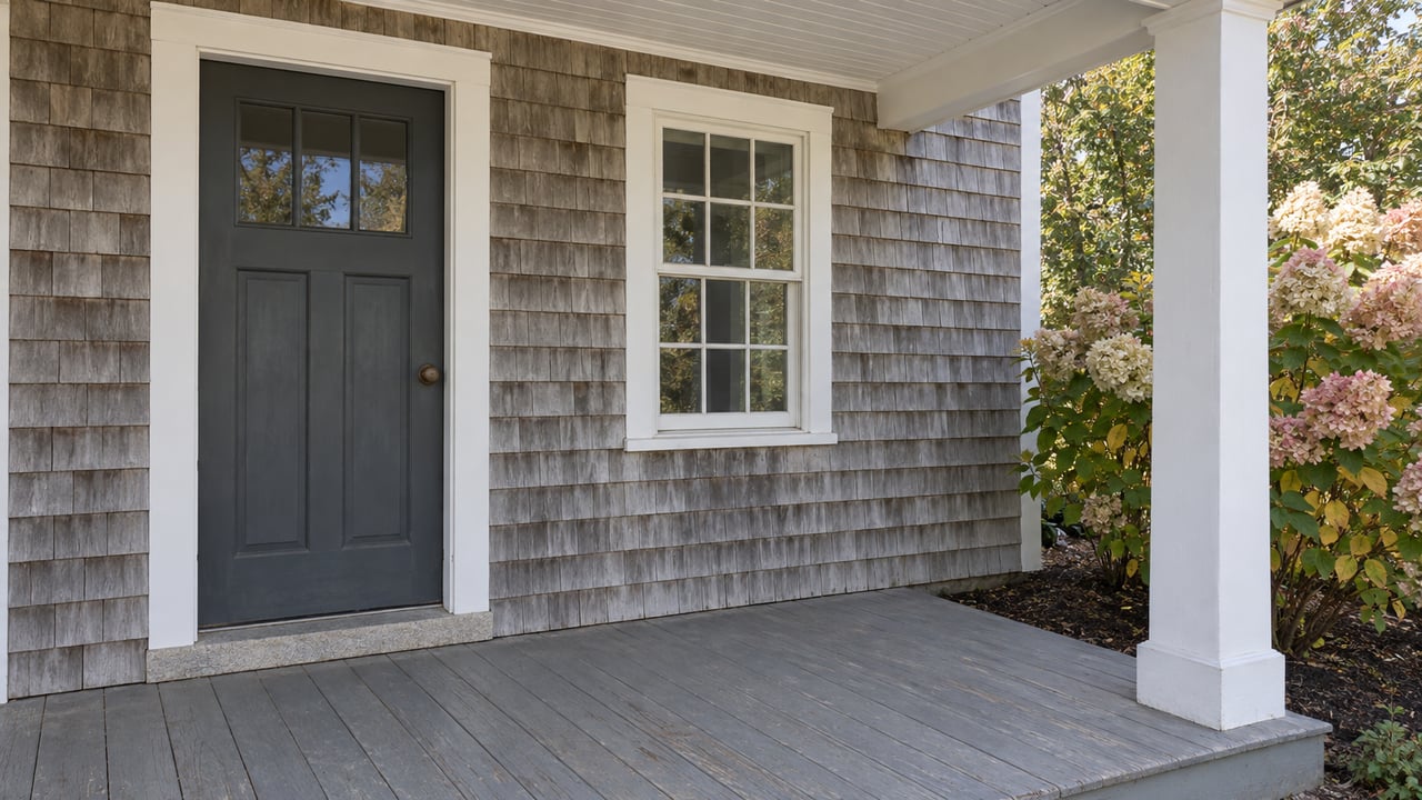 Weathered cedar entry with white trim, gray porch boards and a flowering hydrangea beside the raised porch.
