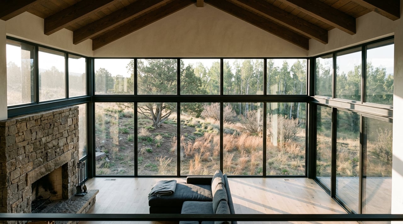 Great room with timber beams, a fieldstone fireplace, and black-framed windows overlooking a juniper-planted slope.