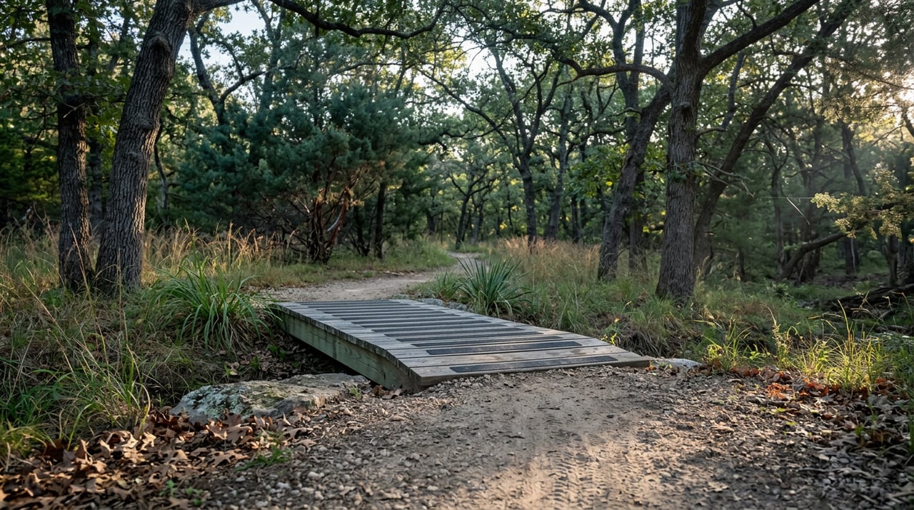 Woodland trail curves over a timber skills bridge beneath oak and elm canopy, with grasses lining the path.