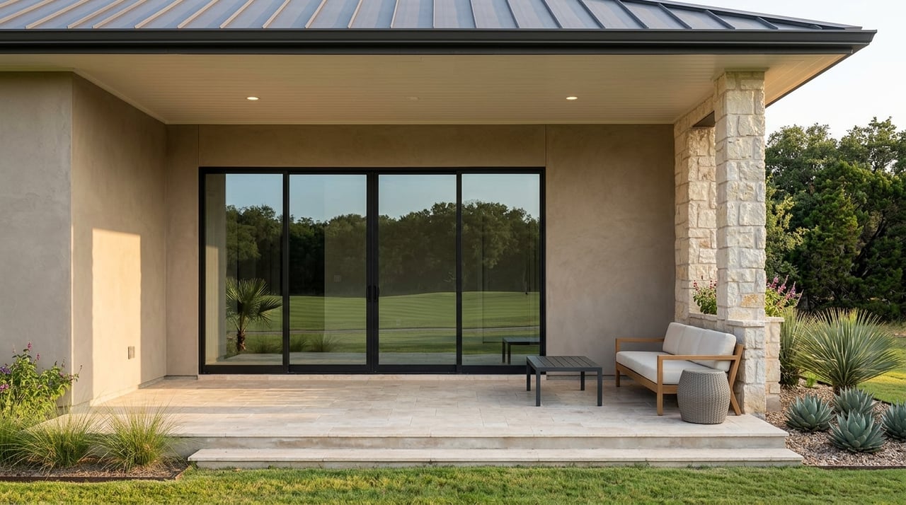 Stucco terrace with limestone and travertine details beside a golf course, framed by trees.