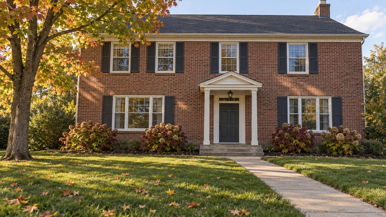 Red-brown brick two-story home with a deep front lawn, covered entry and a maple beginning to turn autumn colors.