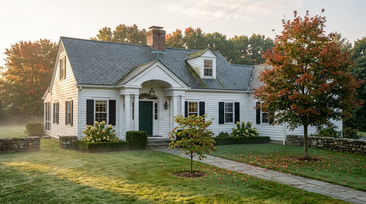 Colonial-revival home with a hunter-green door, mature red-orange maple, bluestone path, and low fieldstone wall.