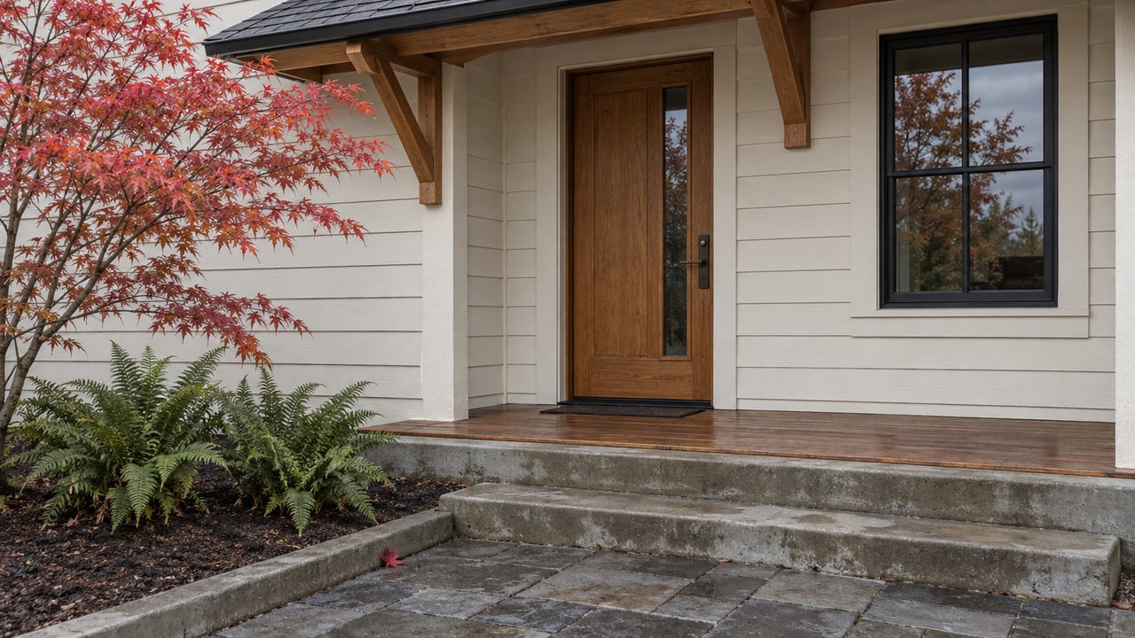 Ivory-sided house entry with an oak door, four-pane window, damp stone steps, and a small red-leaved maple.