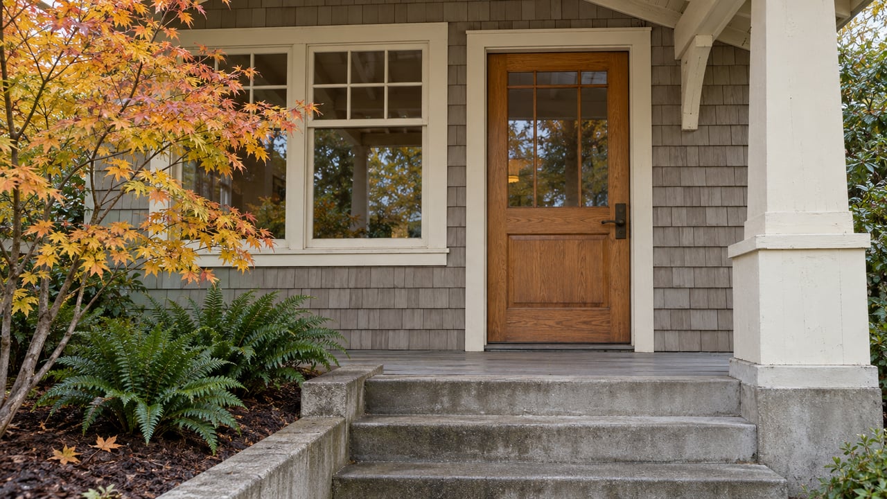 Shingled house entry with an oak front door, weathered concrete steps, and a vine maple turning yellow and orange.