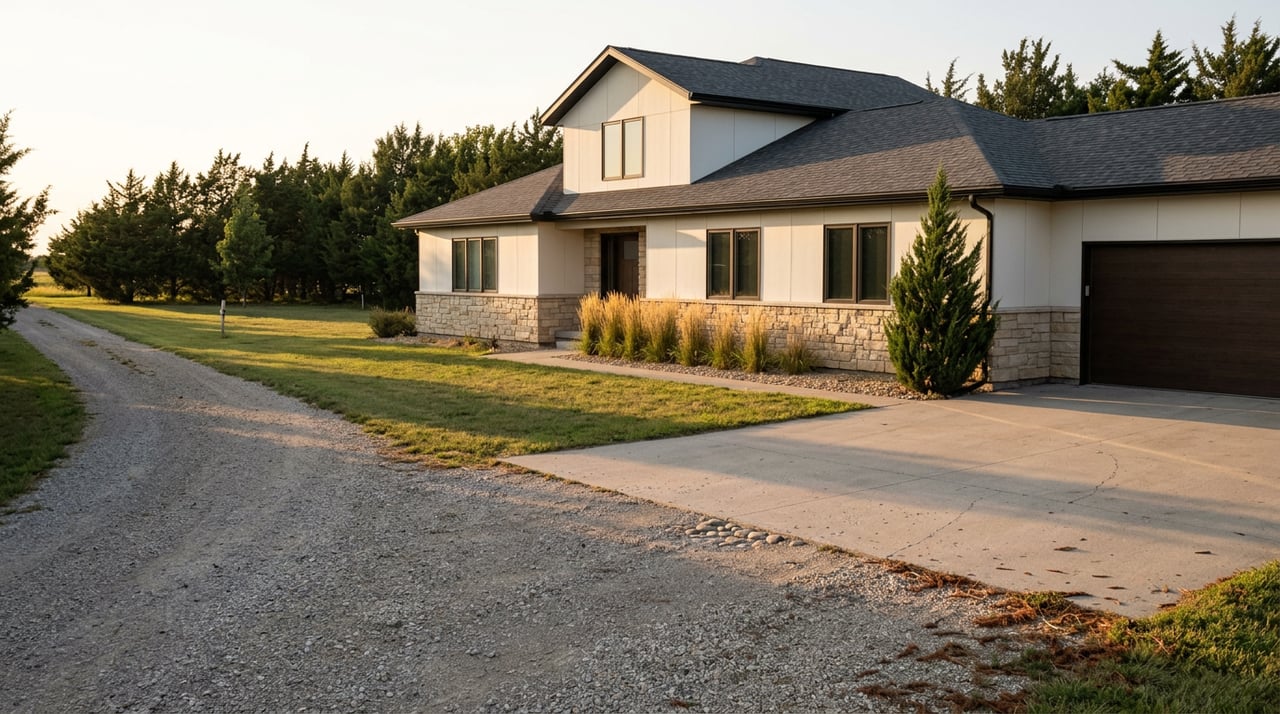 A long gravel driveway leads to a fieldstone-and-white-sided house, framed by junipers and native grasses.