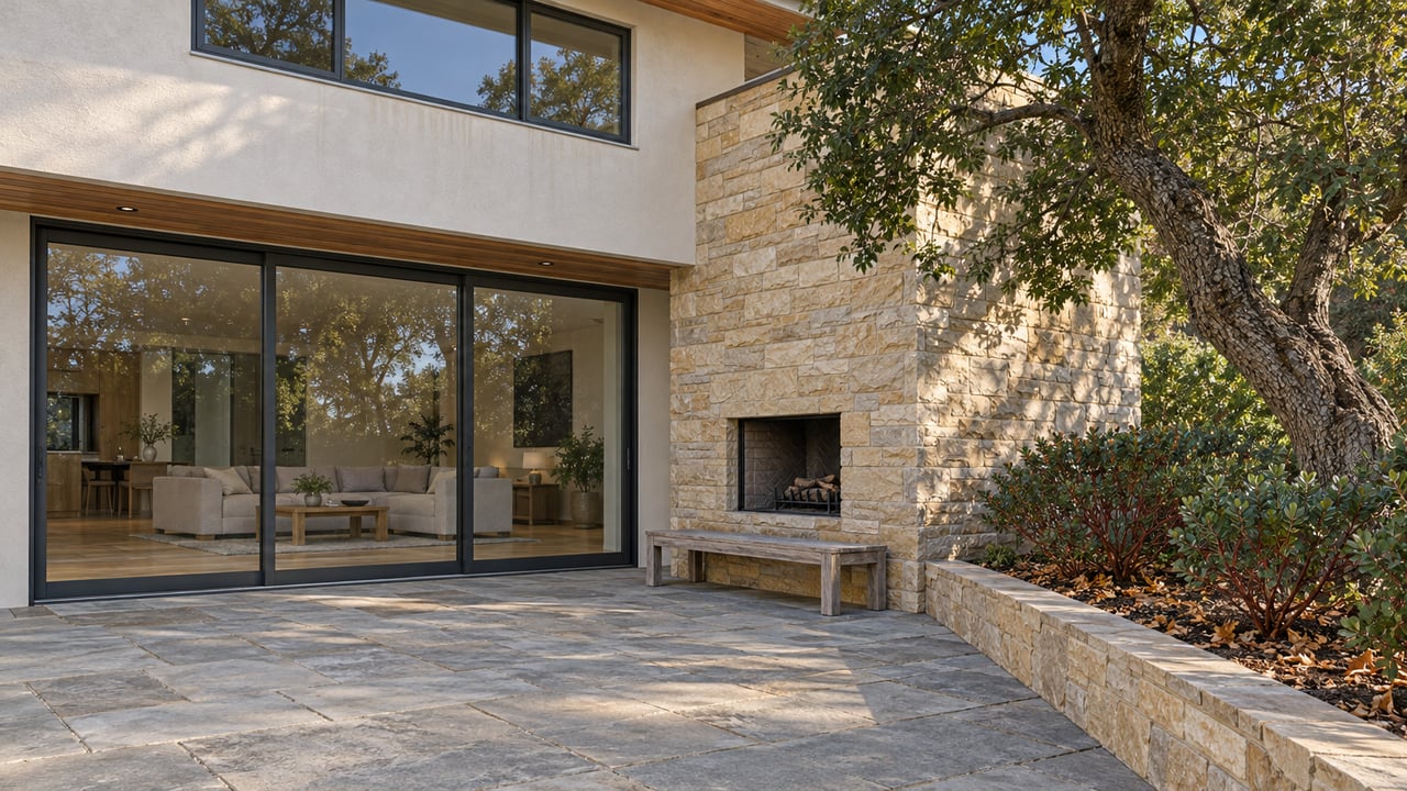 Sunlit sandstone terrace beside an updated split-level home with closed sliding glass doors, a teak bench and mature evergreen oak planting.