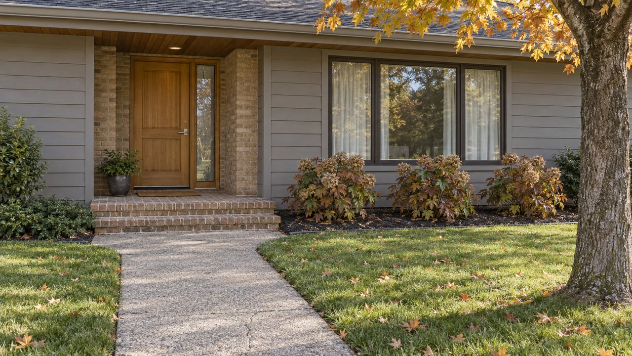 An established single-story home with cedar siding, buff brick entry, a broad front window and autumn maple leaves beside a concrete approach.