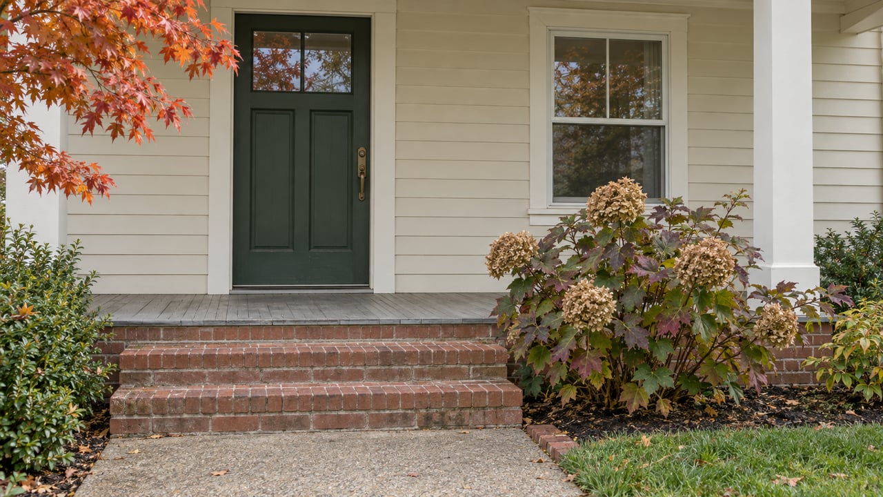 Cream clapboard home with a green front door, brick porch steps and autumn oakleaf hydrangea beside the approach.