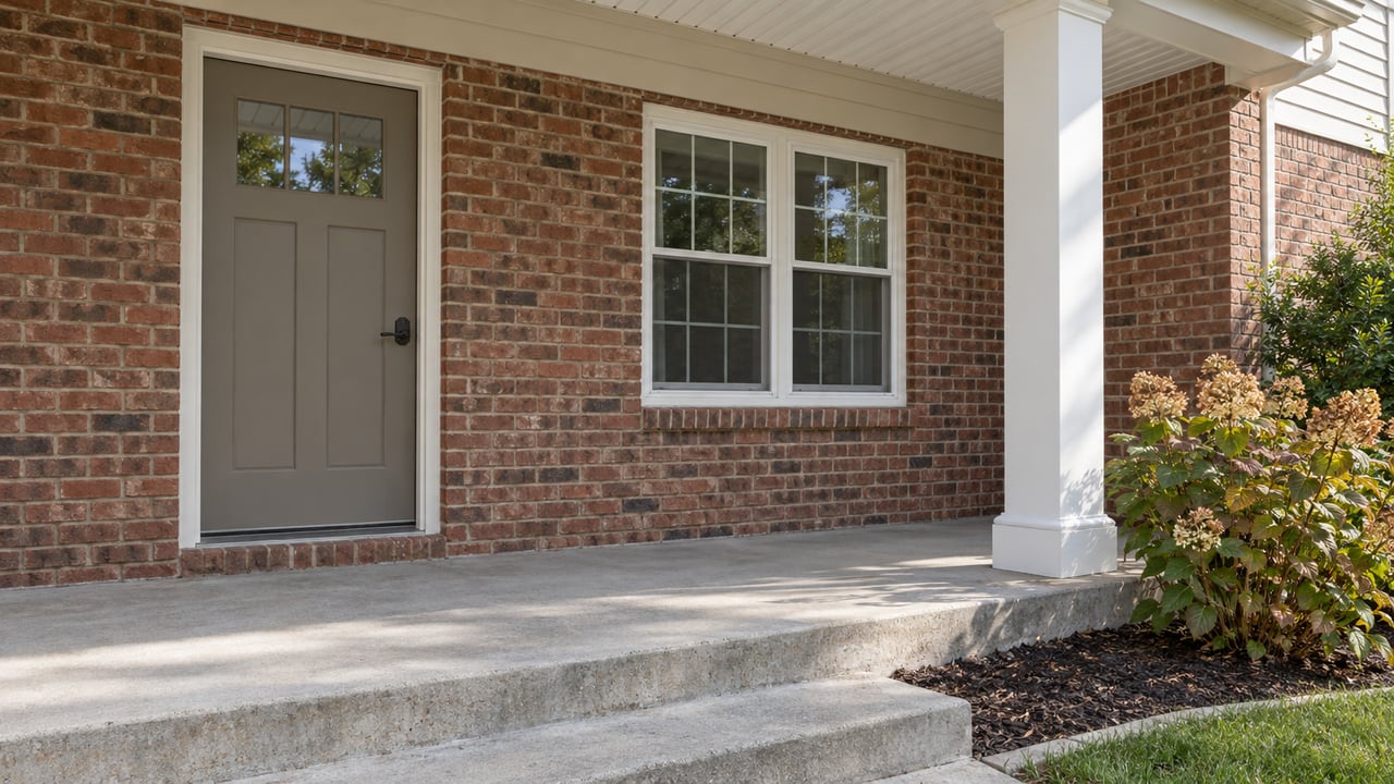 Covered brick entry with a taupe glass-insert door, paired white-grid windows, a concrete step and an oakleaf hydrangea.